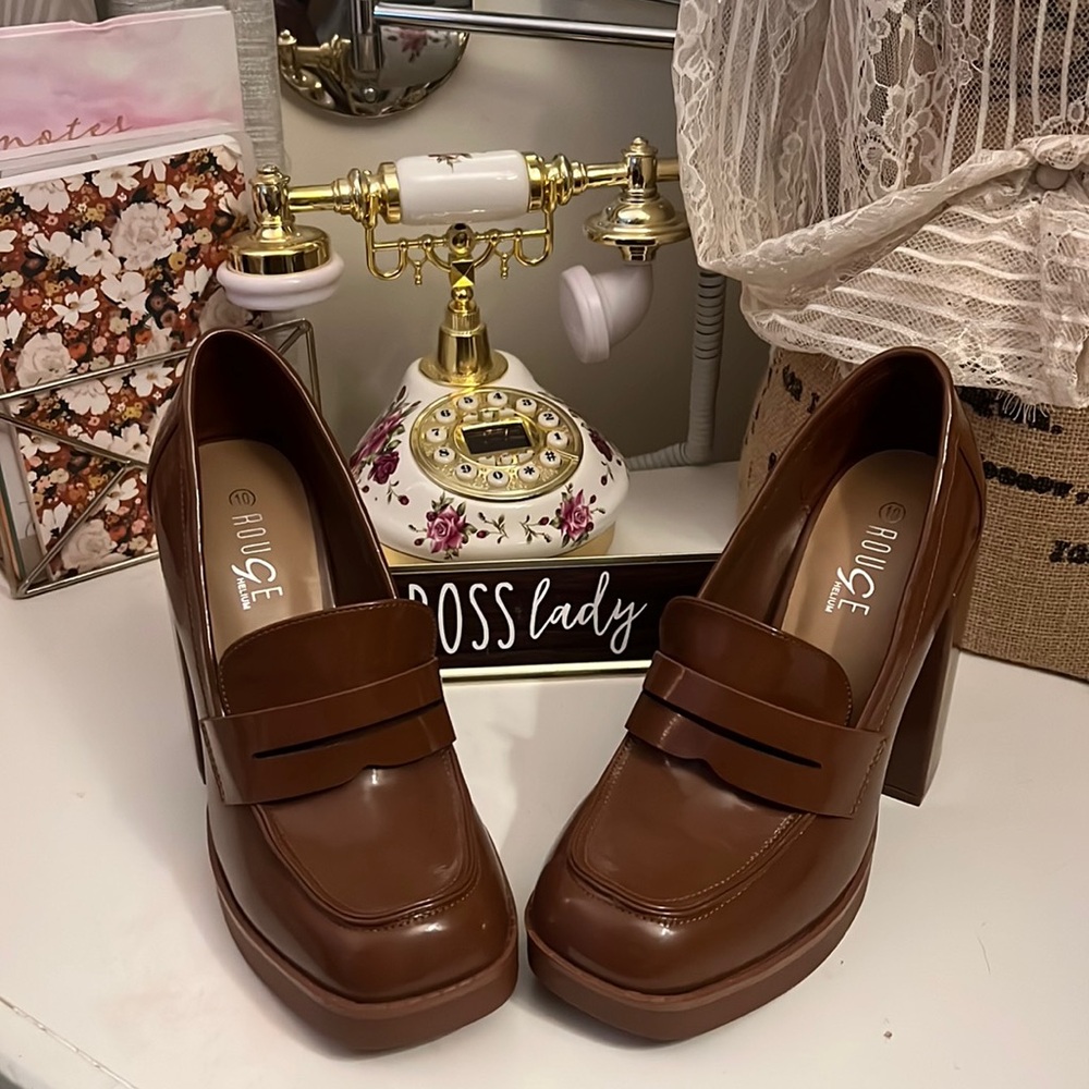 Brand new without box, patent leather platform loafers with block heel